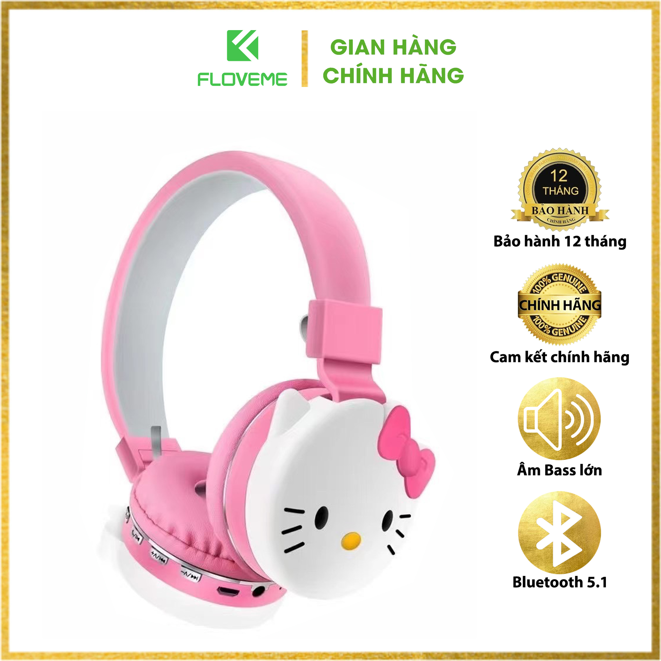 Tai Nghe Không dây Floveme Hello Kitty AH806d ,Tai Nghe Bluetooth Hoạt Hình Điện Thoại Di Động Máy Tính Âm Nhạc Stereo-Hàng chính hãng