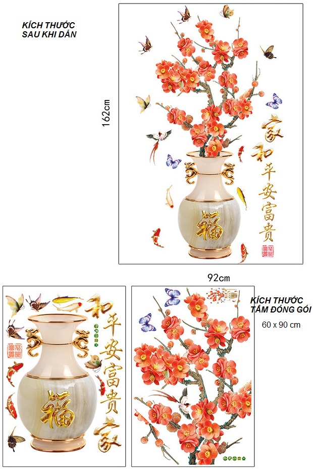 Decal Bình hoa đào 3D ngày tết Amy DH098