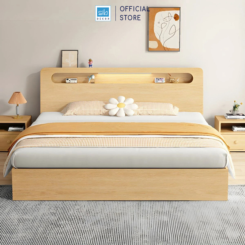 Giường Ngủ Gỗ Hiện Đại Skylar, Có Đèn LED Tích Điện Đầu Giường SIB Decor GN23