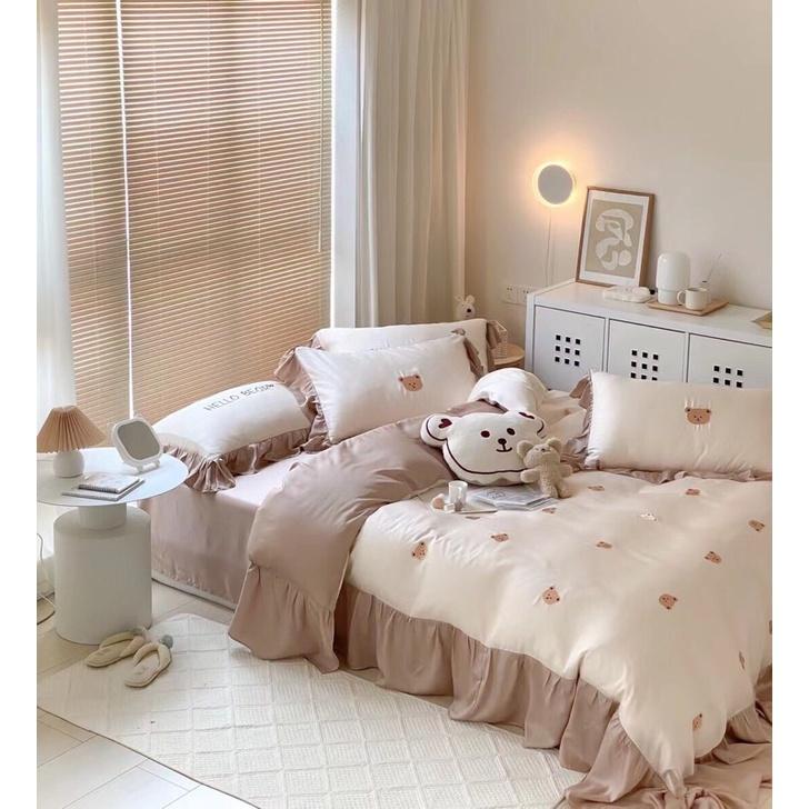 Bộ chăn ga gối tencel 100s thêu hình gấu cao cấp 5 món