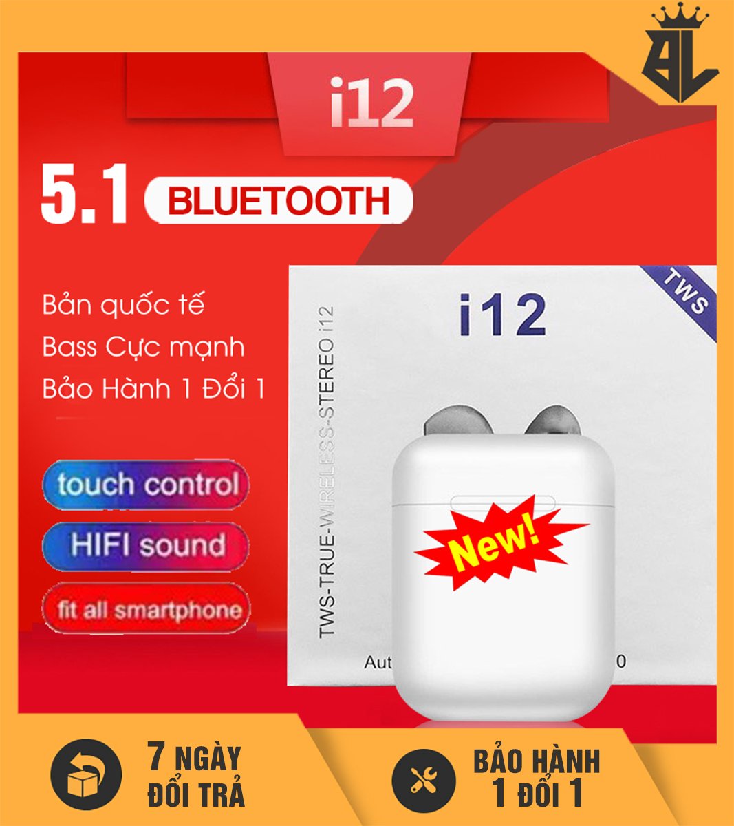 Tai Nghe Bluetooth I12, Bản Quốc Tế Pin 5 Tiếng, Bass Cực Mạnh, Bảo Hành 1 Đổi 1