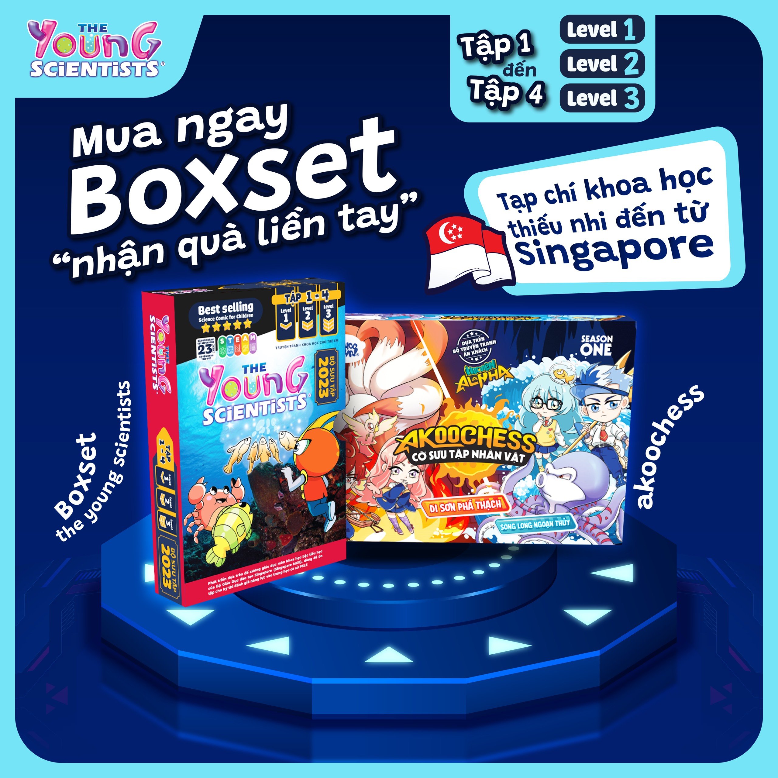 (Quà tặng kèm Bộ cờ boardgame sưu tập nhân vật Akoochess) BOXSET THE YOUNG SCIENTISTS 2023 – TẬP 1 đến TẬP 4 x LEVEL 1, 2, 3 – Tạp chí Khoa học thiếu nhi Singapore – Seednet Books 