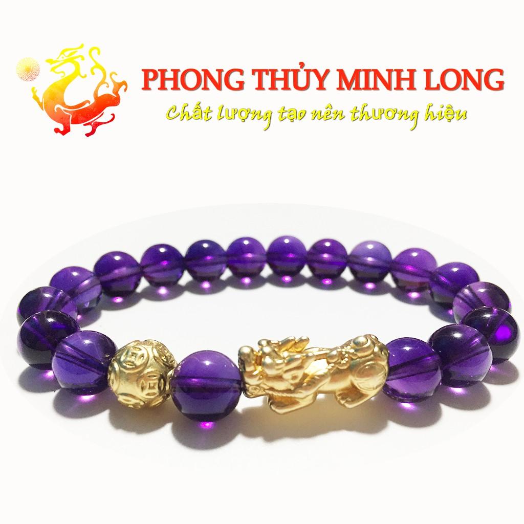 Vòng tay đá. thach anh Tím chất lượng 5A mix Tỳ Hưu và 1 Hạt Kim Tiền Vàng hợp mệnh Hỏa và Thổ