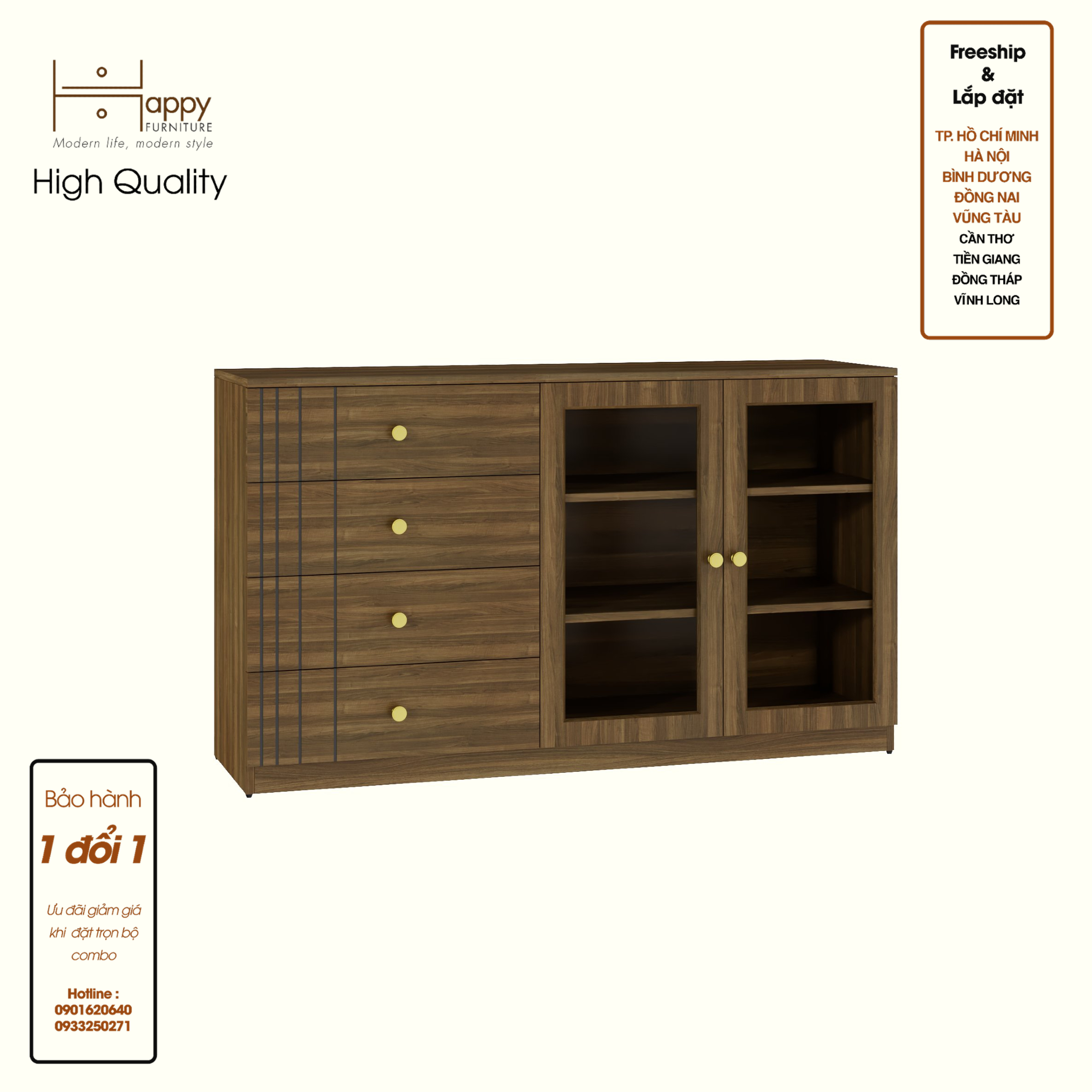 [Happy Home Furniture] JOVIE, Tủ lưu trữ cửa kính 4 ngăn kéo, 140cm x40cm x 82cm ( DxRxC), TCM_163