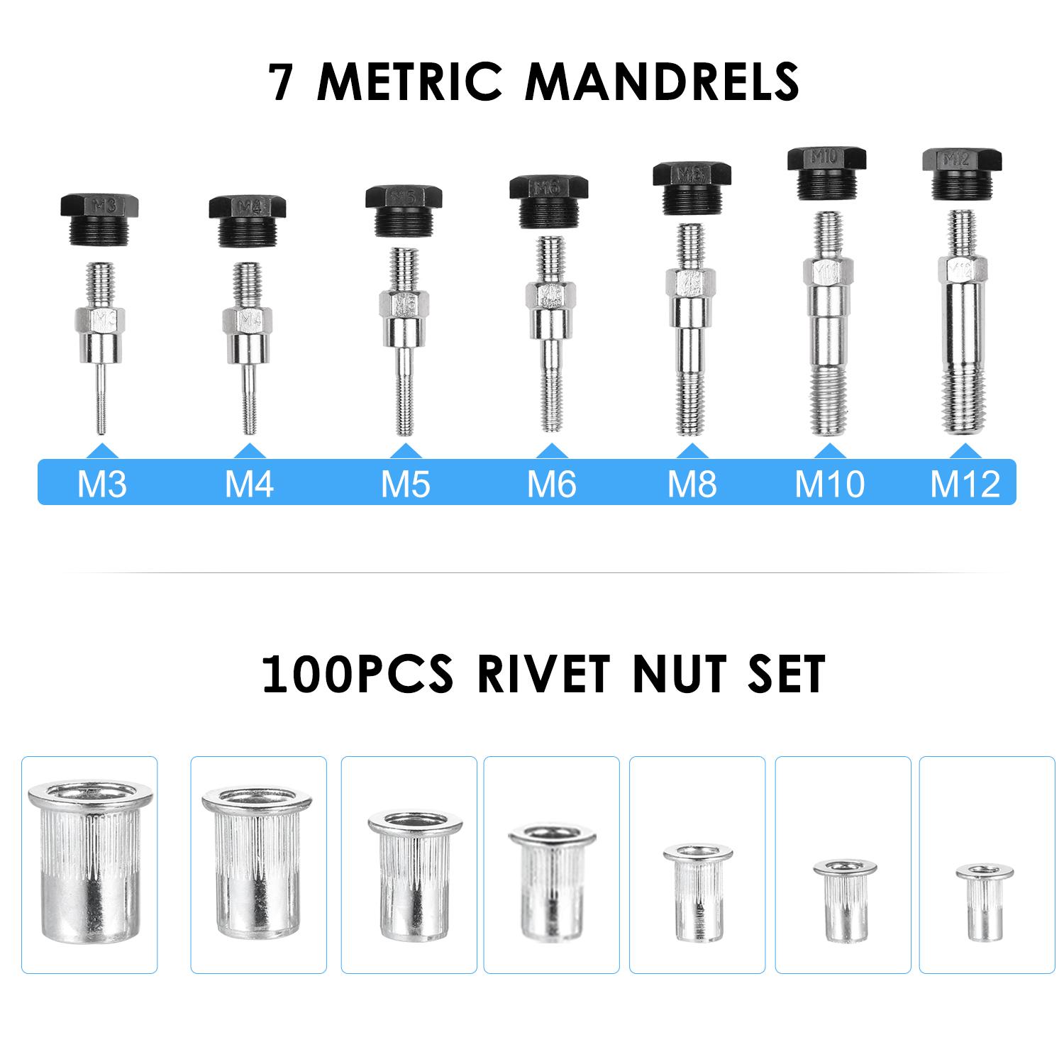 110Pcs Hand Rivet Nut Tool Riveting Tool Set Rivet Nut Setter Kit with 100pcs Assorted Rivet Nuts 7 Metric Mandrels of