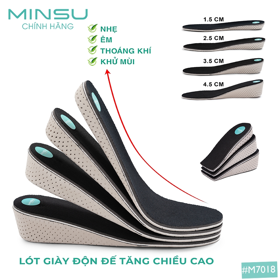 Lót Giày Tăng Chiều Cao Cả Bàn và Nửa Bàn Chân Nam Nữ Cao Cấp MINSU M7018, Lót Giày Thể Thao Độn Đế Thoáng Khí