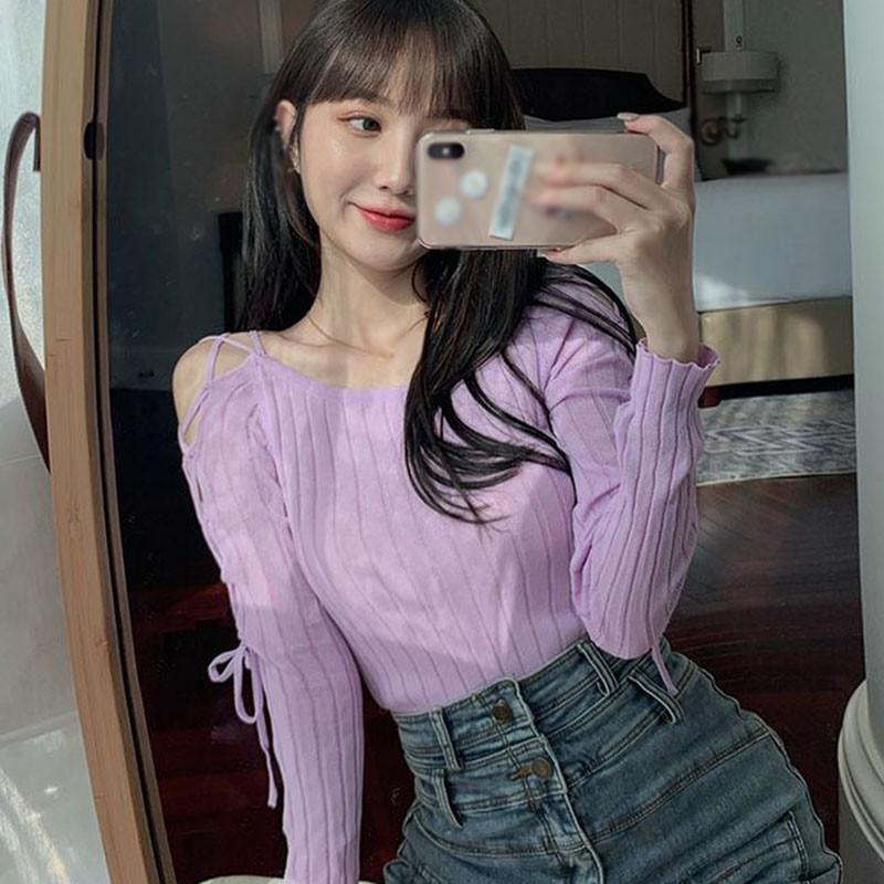 Áo Thun Dệt Kim Màu Trơn Thời Trang Cho Phụ Nữ