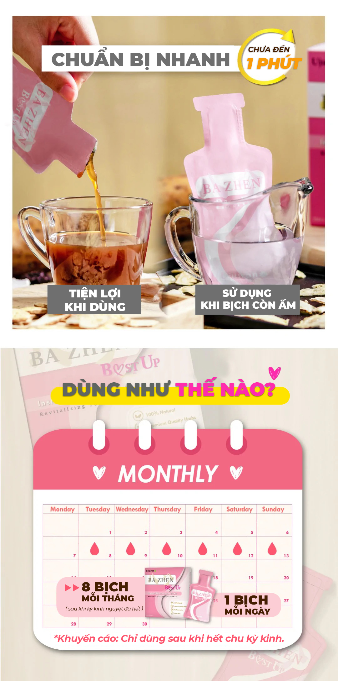 Combo 2 Hộp Nước Uống Thảo Mộc Đài Loan Hỗ Trợ Giảm Đau Bụng Mùa Dâu Rụng, Detox, Dáng Thon, Tăng Kích Cỡ Vòng 1 Ba Zhen Ujuwon