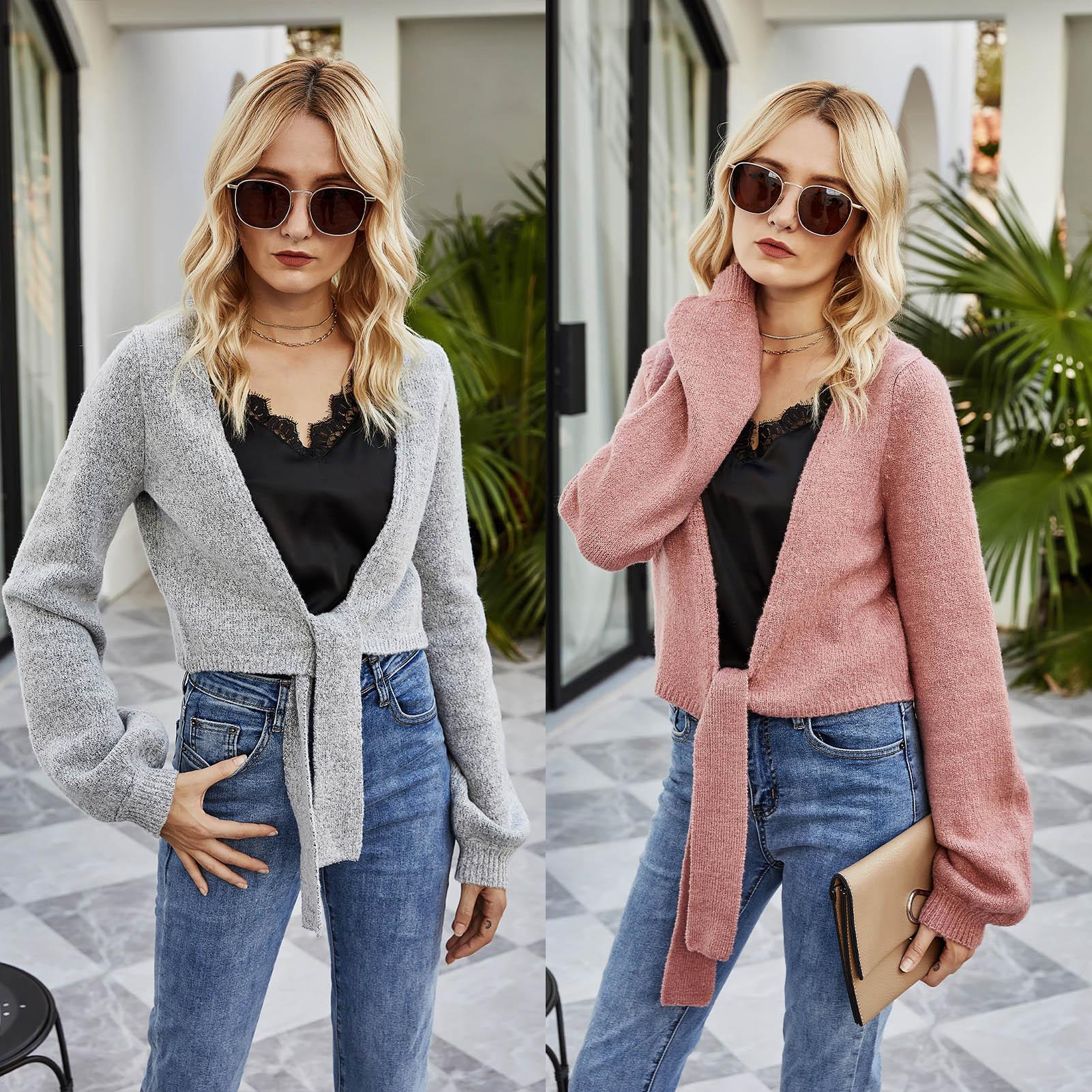 Women Knitted Sweater Cardigan Tied Hem Shawl Lantern Long Sleeve Soft Solid Crop Tops Slim Fit Coat