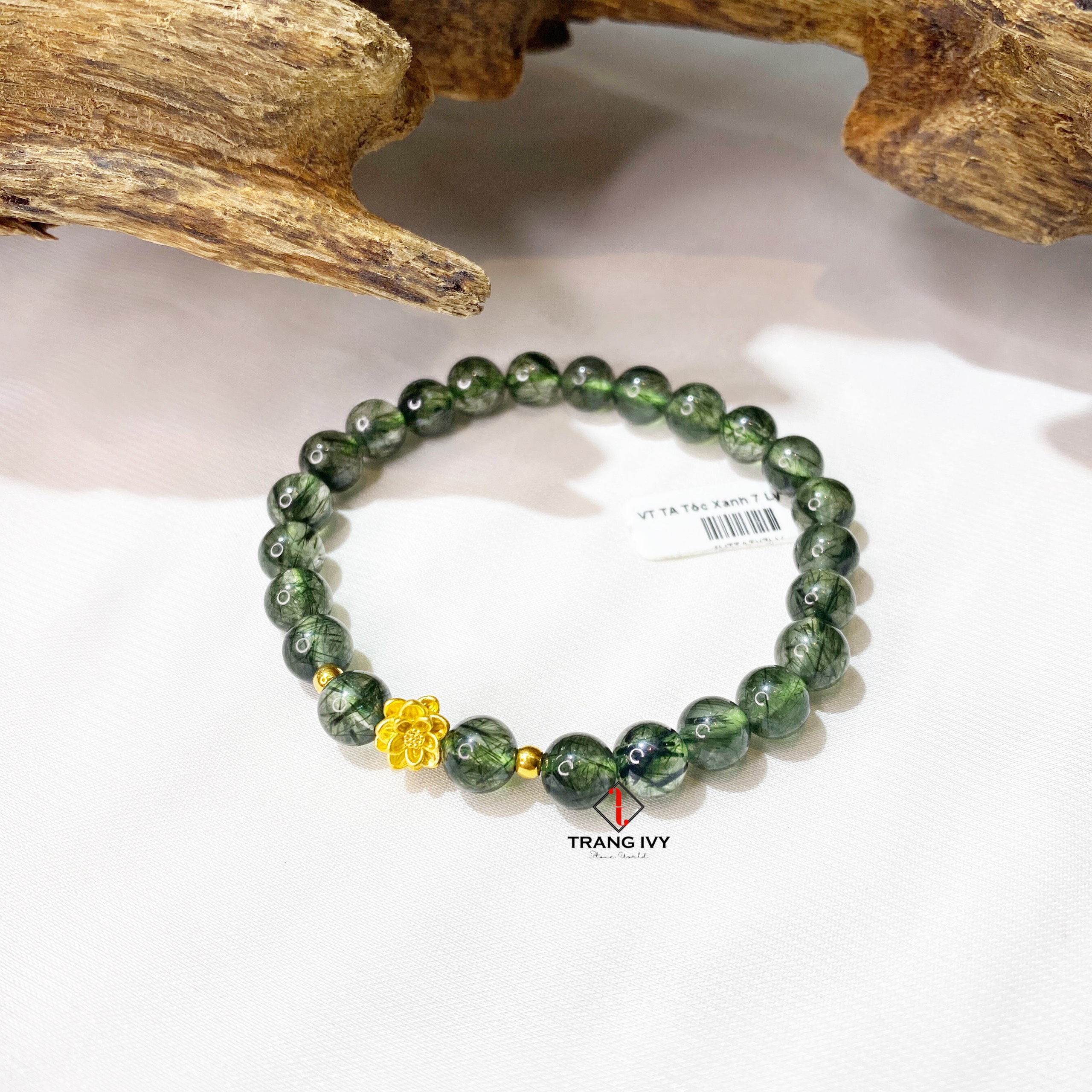 Vòng tay thạch anh tóc xanh mix Hoa sen vàng 24k
