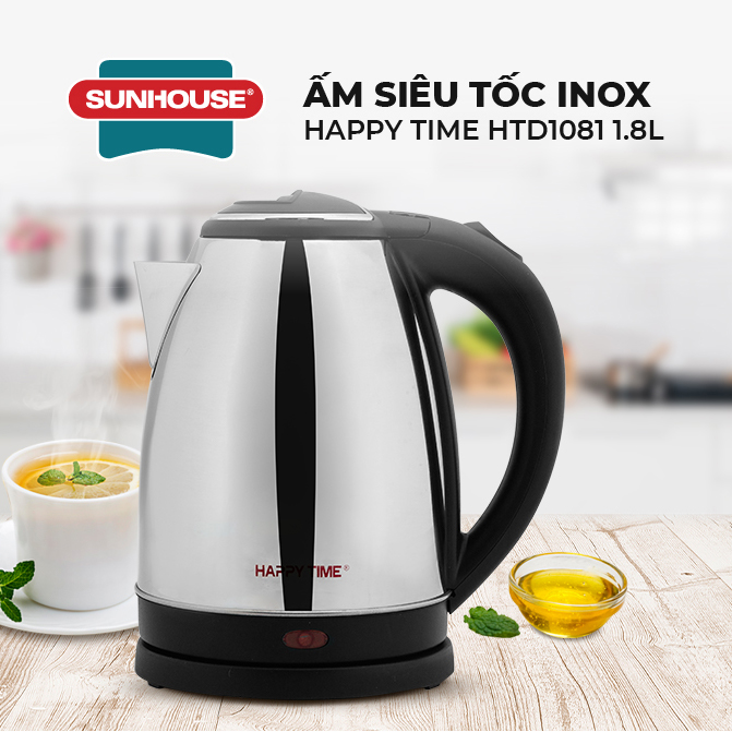 Ấm Siêu Tốc Inox Happy Time Sunhouse HTD1081 (1.8 lít)- Hàng chính hãng