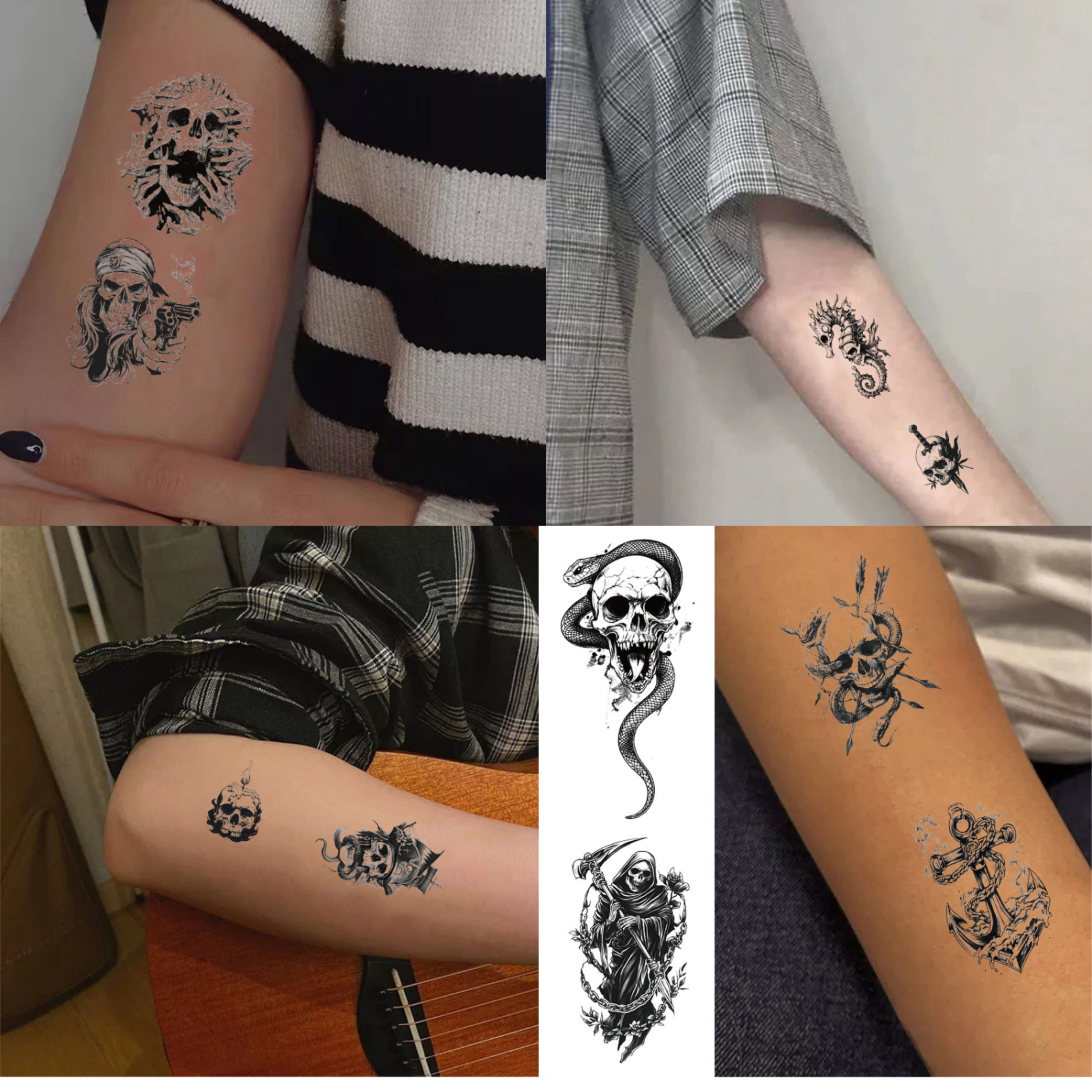 Set 10 Tờ Hình Xăm Dán Tattoo Kinh Dị Hoá Trang Halloween Hình Cướp Biển Cá Mập Đầu Lâu Kiếm Hải Tặc