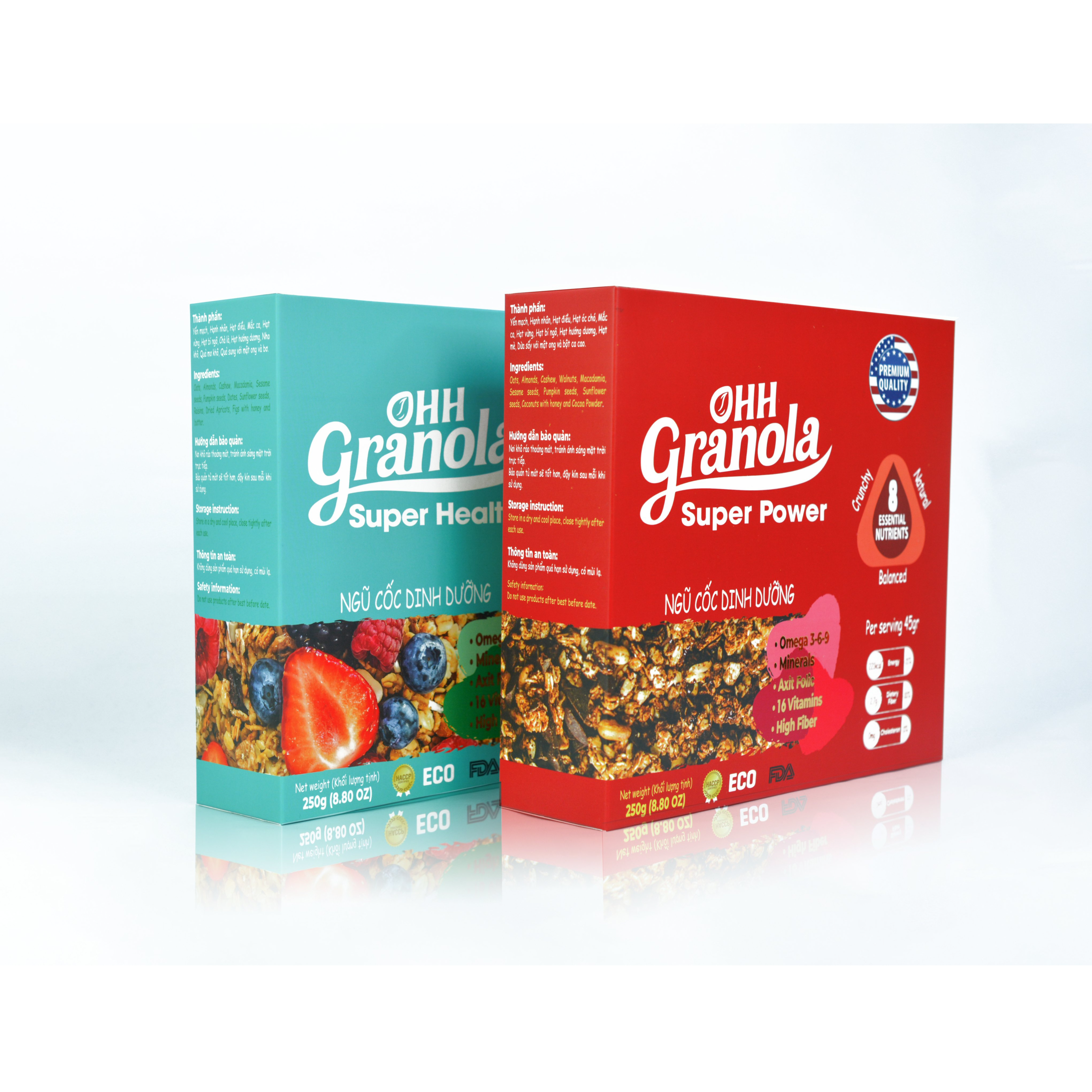 Ăn Liền Không Nấu OHH Granola - Ngũ Cốc Tập Gym Hoa Quả Sấy Khô + Ngũ Cốc Tăng Cơ Yến mạch, mắc ca, hạt óc chó,danh chế độ Eat Clean Combo 02 x Hộp 250g, Tiêu chuẩn chất lượng FDA Hoa Kỳ