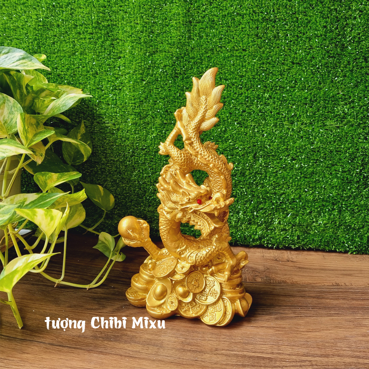 Tượng Rồng cuộn sơn nhũ ngang 14cm x cao 27cm