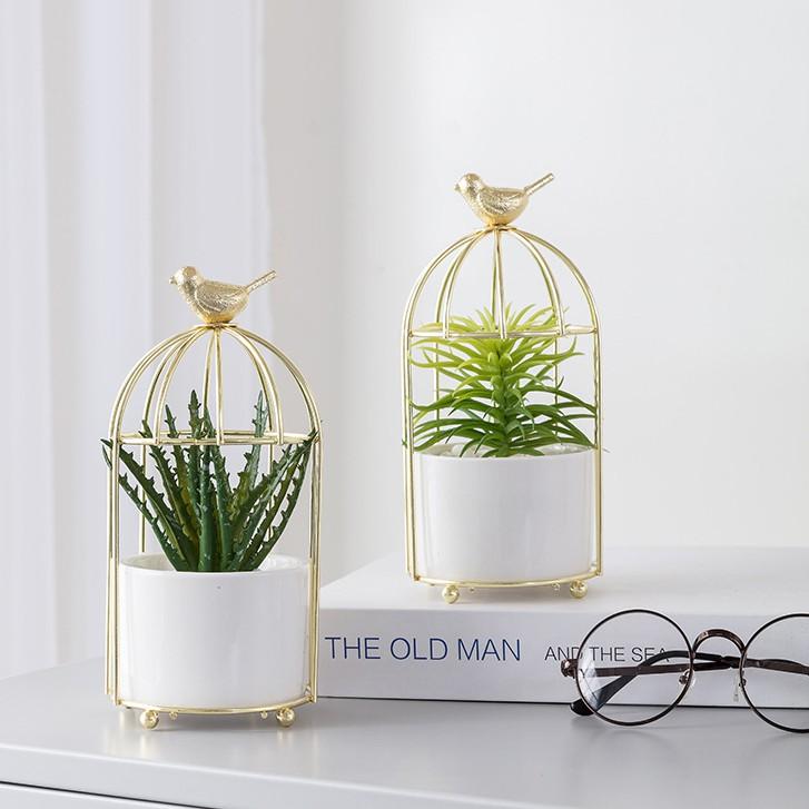 Chậu hoa để bàn hình lồng chim bằng sắt trang trí nội thất