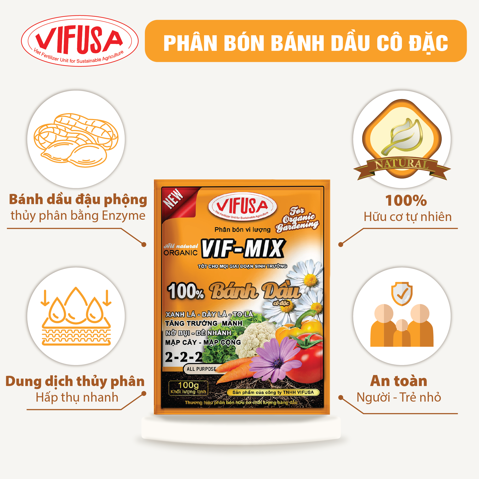 VIF-MIX - Phân bón bánh dầu đậu phộng gói 100g
