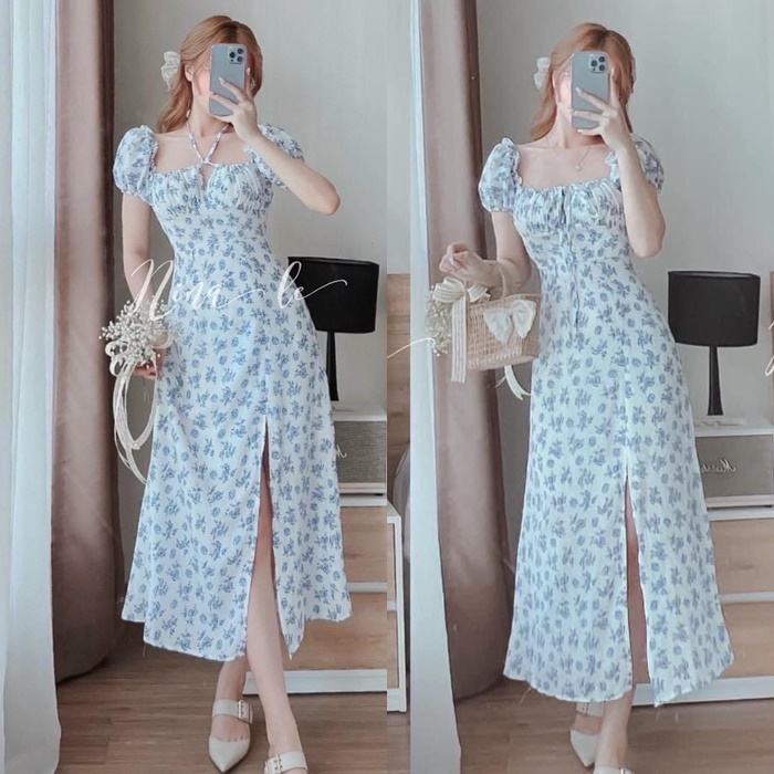 ĐẦM DÀI DÂY YẾM CỔ U TRỄ VAI XẺ ĐÙI SUÔNG HOA FLORAL TAY NGẮN BỒNG MAXI MIDI DẠO PHỐ ĐI BIỂN DỰ TIỆC