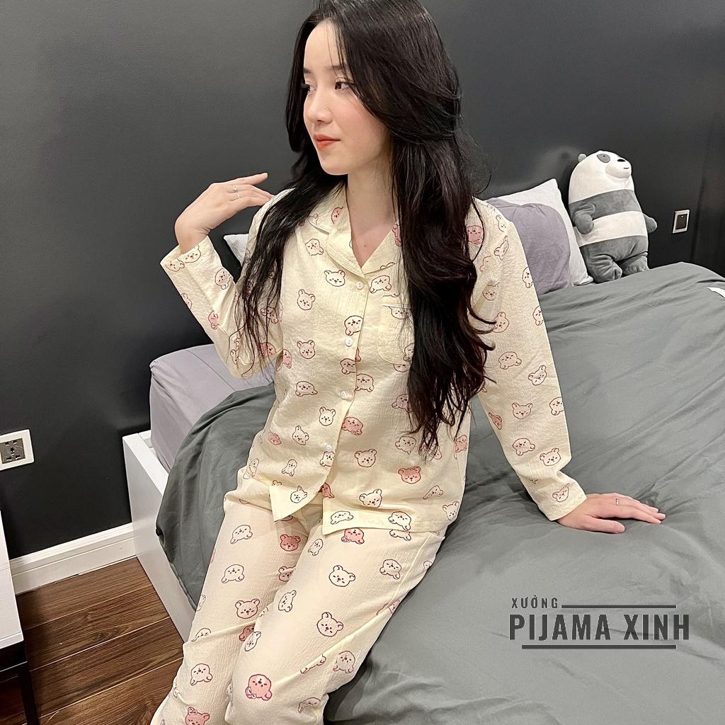 Bộ Mặc Nhà, Đồ Ngủ Nữ, Pijama Dài Tay Hình Gấu Chất Liệu Xốp Đũi Hàn
