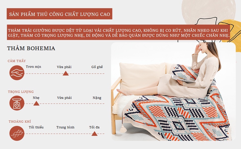 Chăn mềm nhập khẩu CAO CẤP, Chăn phủ sofa, Chăn cắm trại ngoài trời, Thảm thổ cẩm phong cách Bohemian dệt kim giữ ấm toàn thân đa chức năng