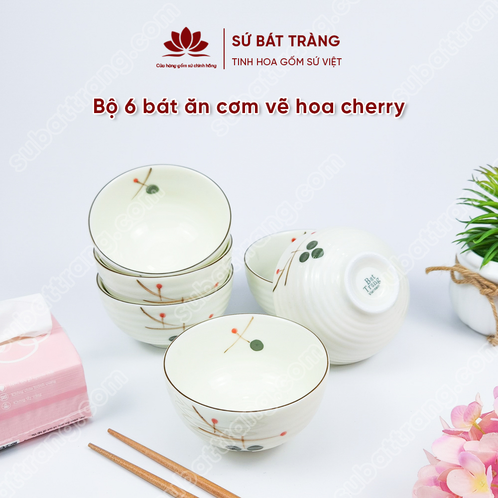 Bộ bát ăn cơm vẽ hoa cherry sứ Bát Tràng đẹp - Bộ 10 và 6 bát