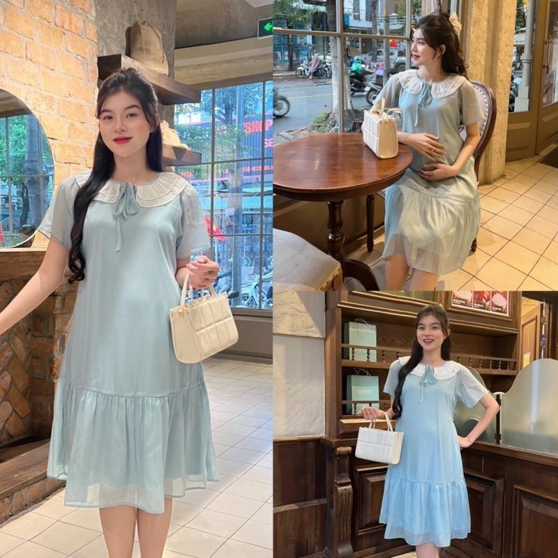 Đầm bầu tiểu thư cổ bèo nhún nhẹ nhàng form đuôi cá trẻ trung chất tơ mềm ( 2 lớp ) - Hồng