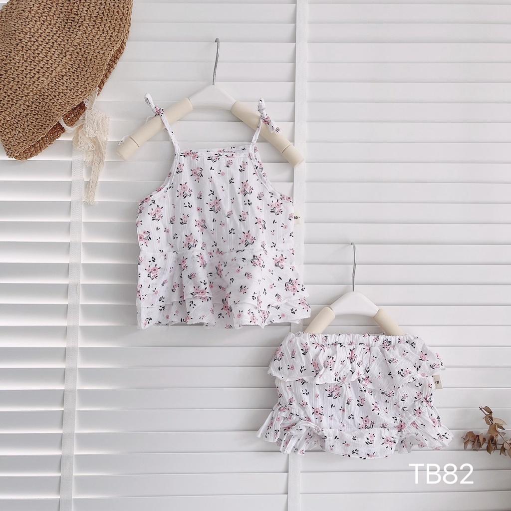 Set áo 2 dây quần đùi chip họa tiết hoa nhí cho bé gái siêu xinh, vải thô mềm, thoáng mát size 6 - 15 kg