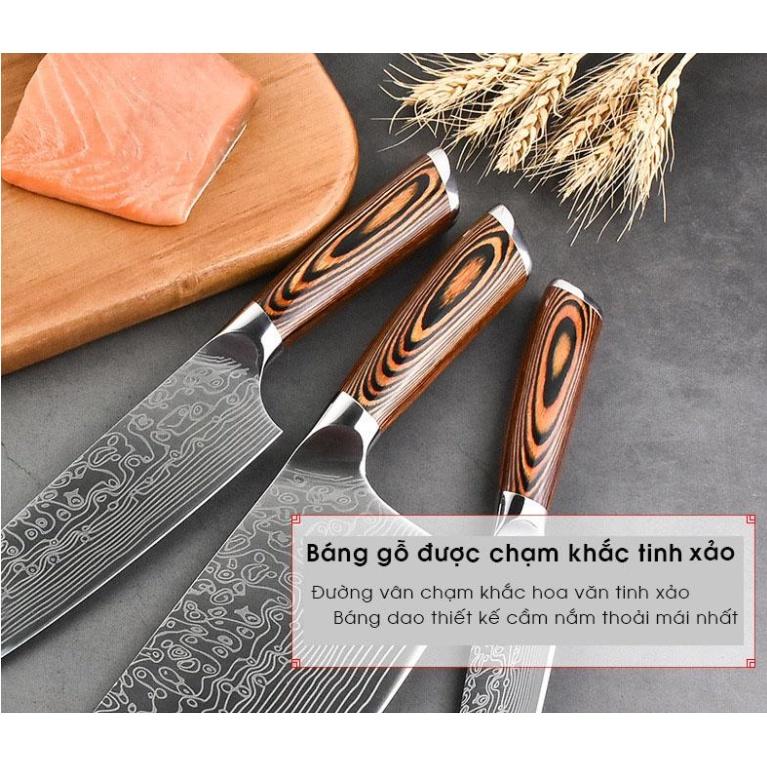 Bộ 3 Dao Nhà Bếp Nhật Khắc Vân Damascus Cao Cấp
