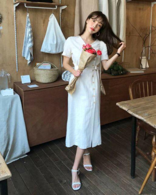 Đầm váy trắng nút xéo form to