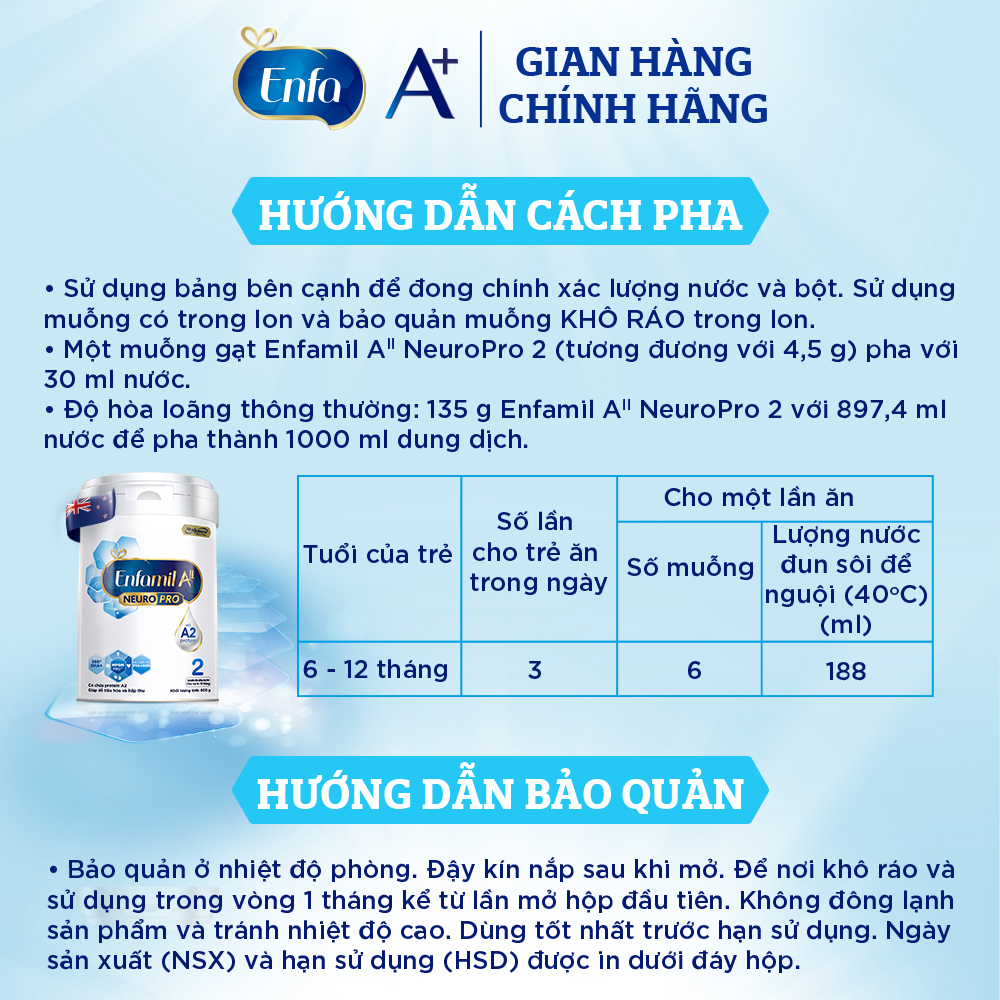 Sữa bột Enfamil A2 Neuropro 2 cho trẻ từ 6 - 12 tháng tuổi – 800g