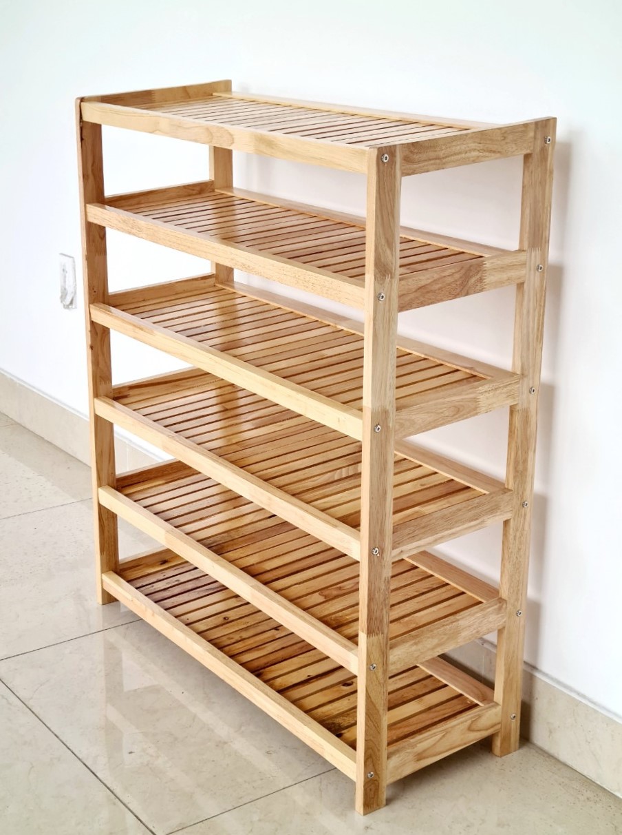 Kệ Giày Gỗ Cao Su 6 Tầng Ngang 83cm Nan Nghiêng - Hàng VN Xuất Khẩu
