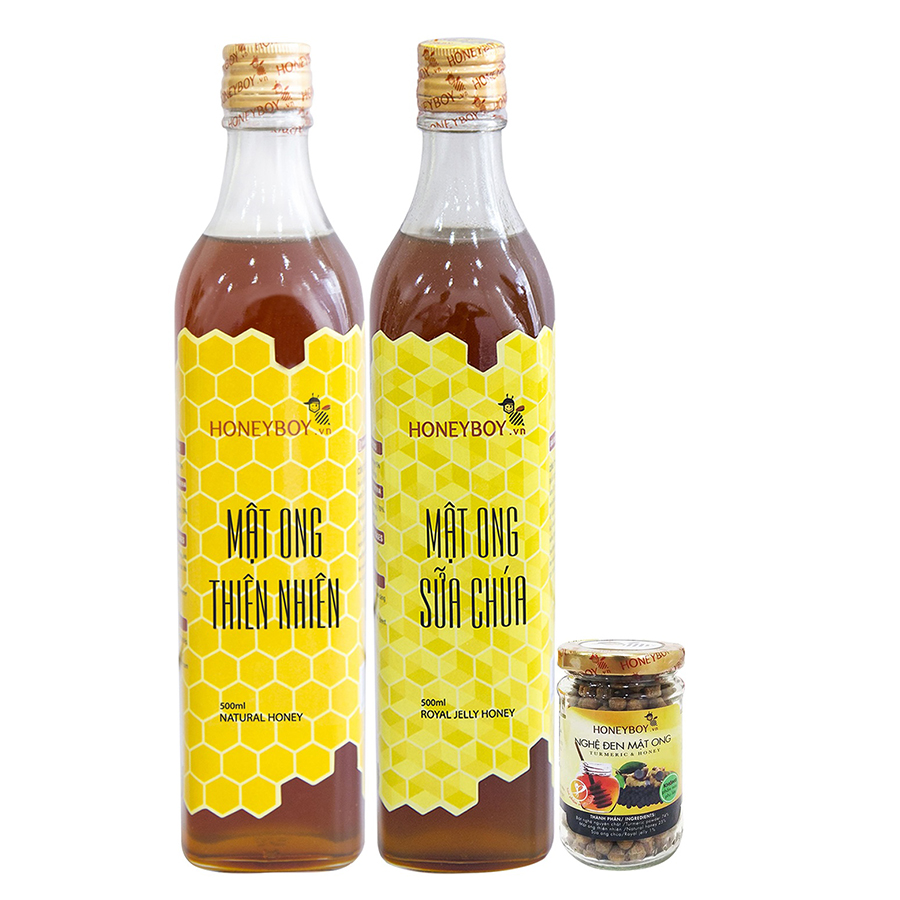 Combo Mật Ong Thiên Nhiên Honeyboy (500ml) + Mật Ong Sữa Chúa Honeyboy (500ml) - Tặng Nghệ Đen Mật Ong Honeyboy (80g)