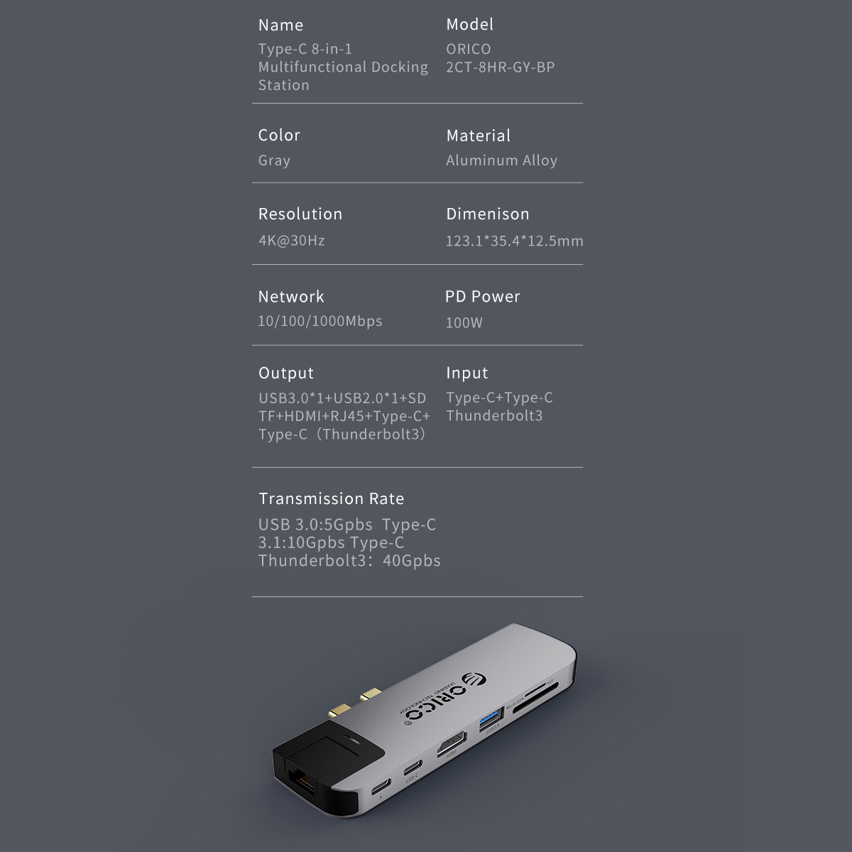 Dock Sạc Chuyển Đổi Orico 2CT-8HR-GY 8 Trong 1 Type C Thunderbolt3 MacBook HDMI 4K@30Hz/ PD 100W Max/ USB(3.0/2.0) TF/SD RJ45 - Hàng Chính Hãng