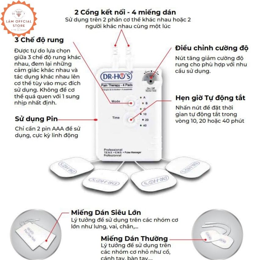 MÁY MASAGE TRỊ LIỆU XUNG ĐIỆN DR HO'S- 4MIẾNG DÁN- MÀU XANH