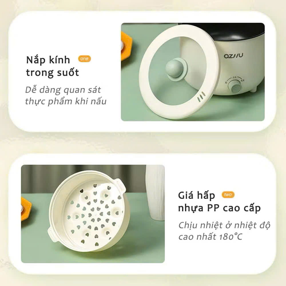 Nồi Lẩu Điện Mini Azhu 1.8L Đa Năng – 2 Nấc Nhiệt, Kèm Giá Hấp, Công Suất 600W - HÀNG CHÍNH HÃNG MINIIN