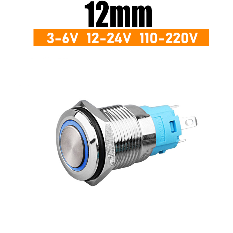 Nút nhấn Reset, Công tắc nhấn tự nhả 12mm (12-24V 110-220V) Có đèn LED, Vỏ INOX chống thấm nước