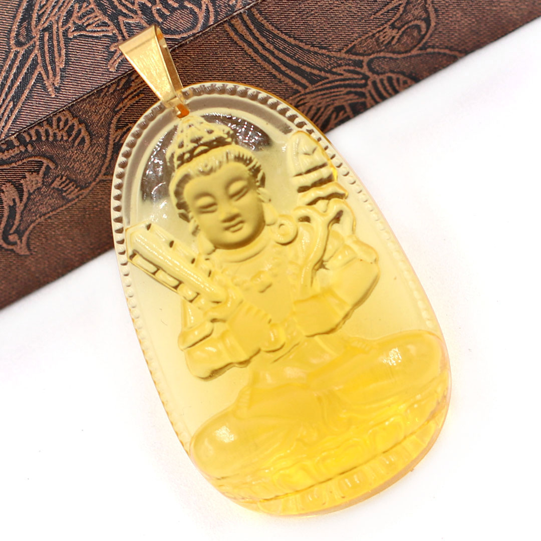 Mặt phật Hư Không Tạng thủy tinh vàng 3.6cm - phật bản mệnh tuổi Sửu, Dần - Móc inox