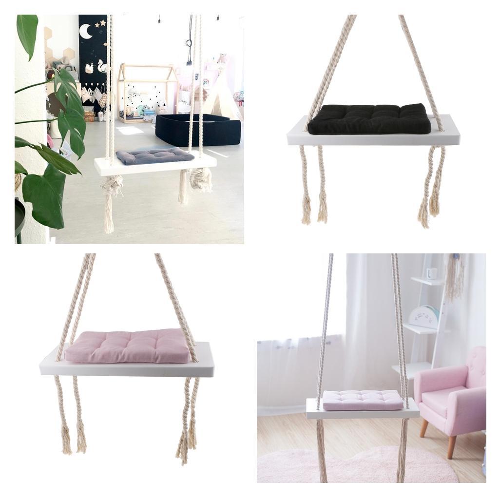 Hanging Rope Wooden Swing with Sponge Cushion Kids Outdoor Indoor Swing Pink Pad