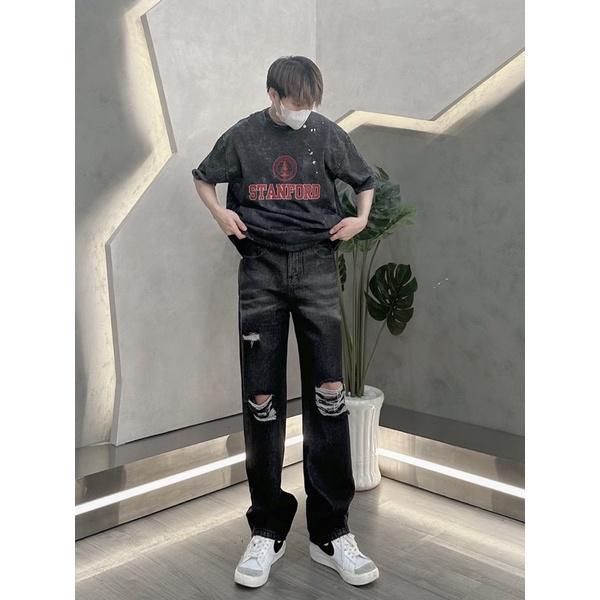 Jeans nam ống rộng jeans rách gối nhiều xám đen 992