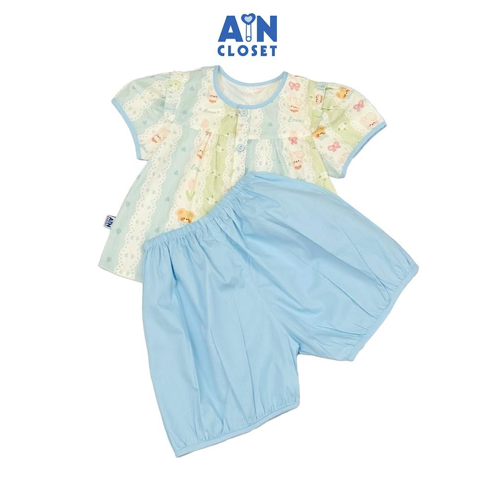 Bộ quần áo Ngắn bé gái hoạ tiết Gấu Thỏ Xanh Cotton - AICDBGQLS5UG - AIN Closet