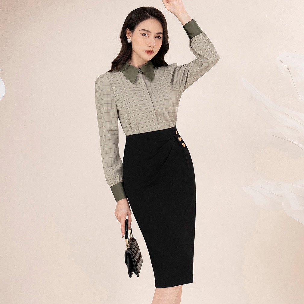 Áo Sơ Mi Nữ Dài Tay Kẻ Caro Công Sở Phối Cổ Tây UK Fashion Thời Trang Basic Vải Hàn, Thoáng Mát NKSM2210002