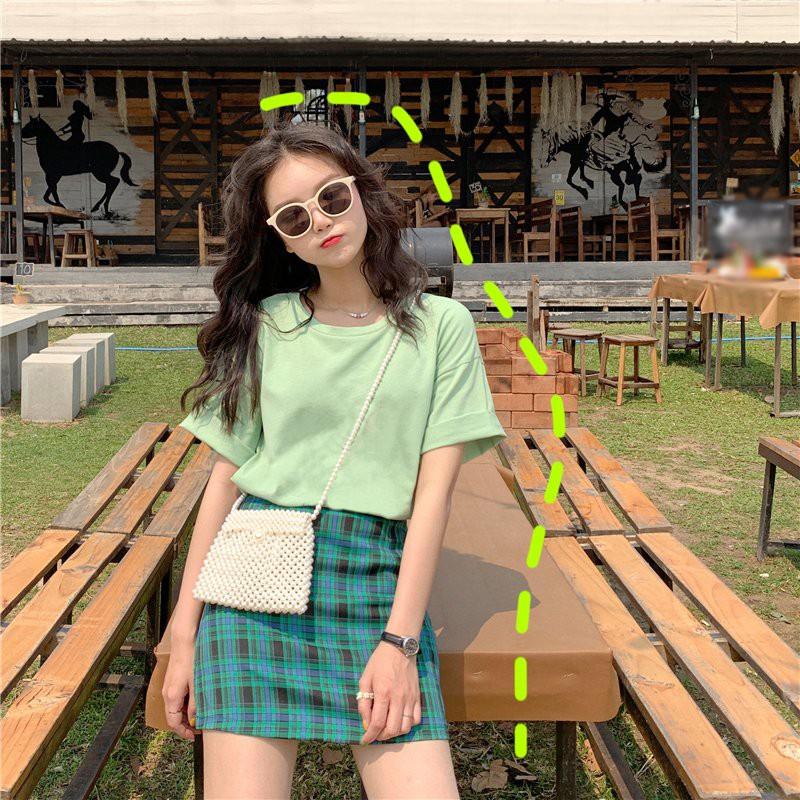 Women Fashion Stitching Color Lattice High Waist Skirt Slim A Line Skirt