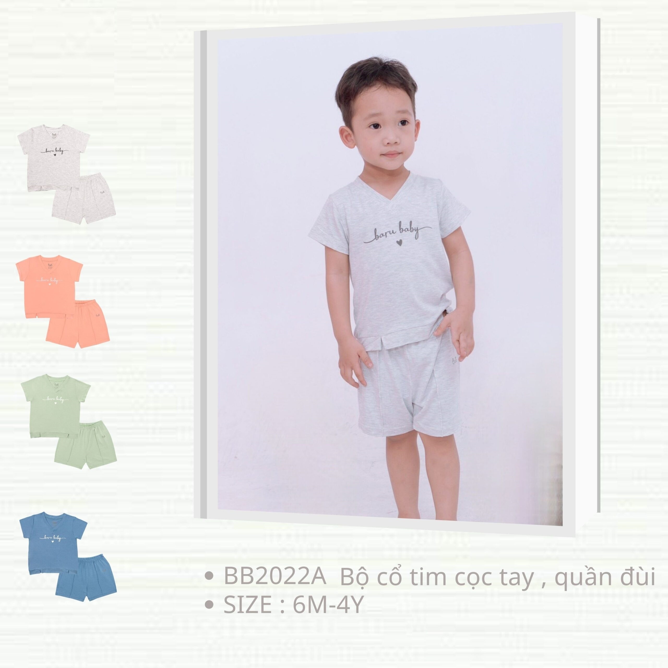 Bộ cộc tay cổ tim  BARU ,cotton 2 chiều in chữ nổi cho bé  thời trang trẻ em ( 6M-4Y )