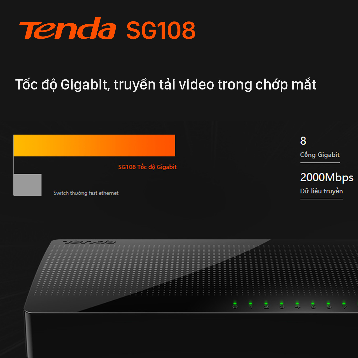 Bộ chia mạng Switch Tenda SG108 8 cổng Ethernet 1000Mbps - Hàng Chính Hãng