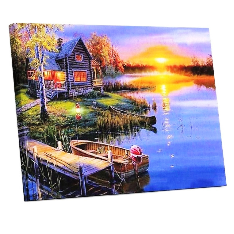 Tranh sơn dầu số hoá tự vẽ đã căn sẵn khung 40x50 cm - Ngôi nhà bên hồ PH9393