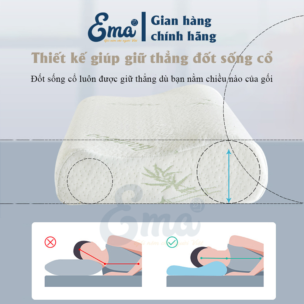 Gối ngủ cao su non vỏ sợi tre kháng khuẩn cao cấp cho người lớn EMA - Phong cách Nhật Bản - Chống đau mỏi cổ vai gáy, ngủ ngáy - KT 50x30x10cm