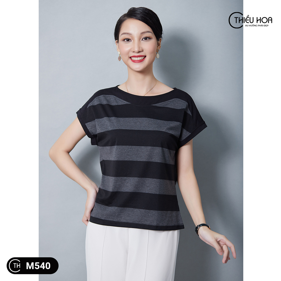 Áo thun trung niên sọc ngang chất liệu cotton thoáng mát Thiều Hoa M540