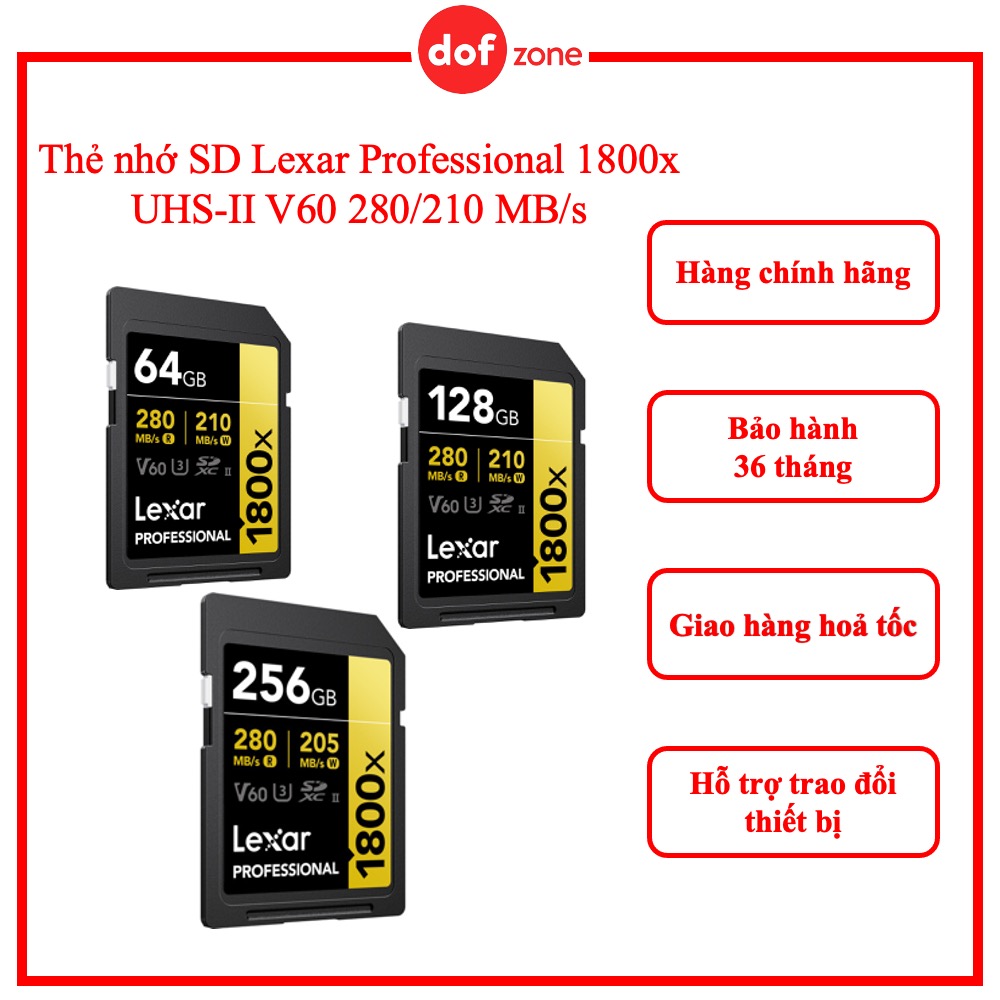 Thẻ nhớ SD Lexar Professional 1800x UHS-II V60 280/210 MB/s (64GB/128GB/256GB) - Hàng chính hãng