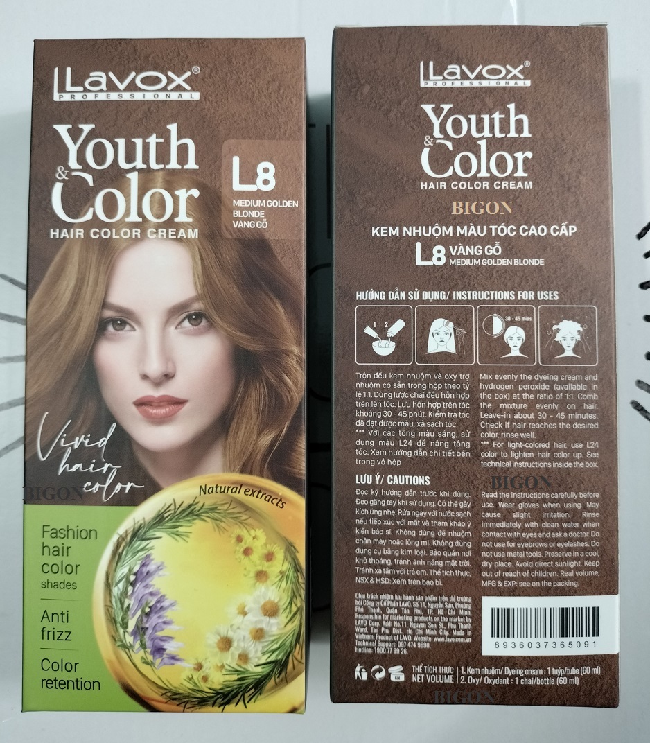 (Vàng Gỗ) Kem Nhuộm Dưỡng Tóc Màu Thời Trang Lavox Youth&amp;Color L8 - Medium Golden Blonde