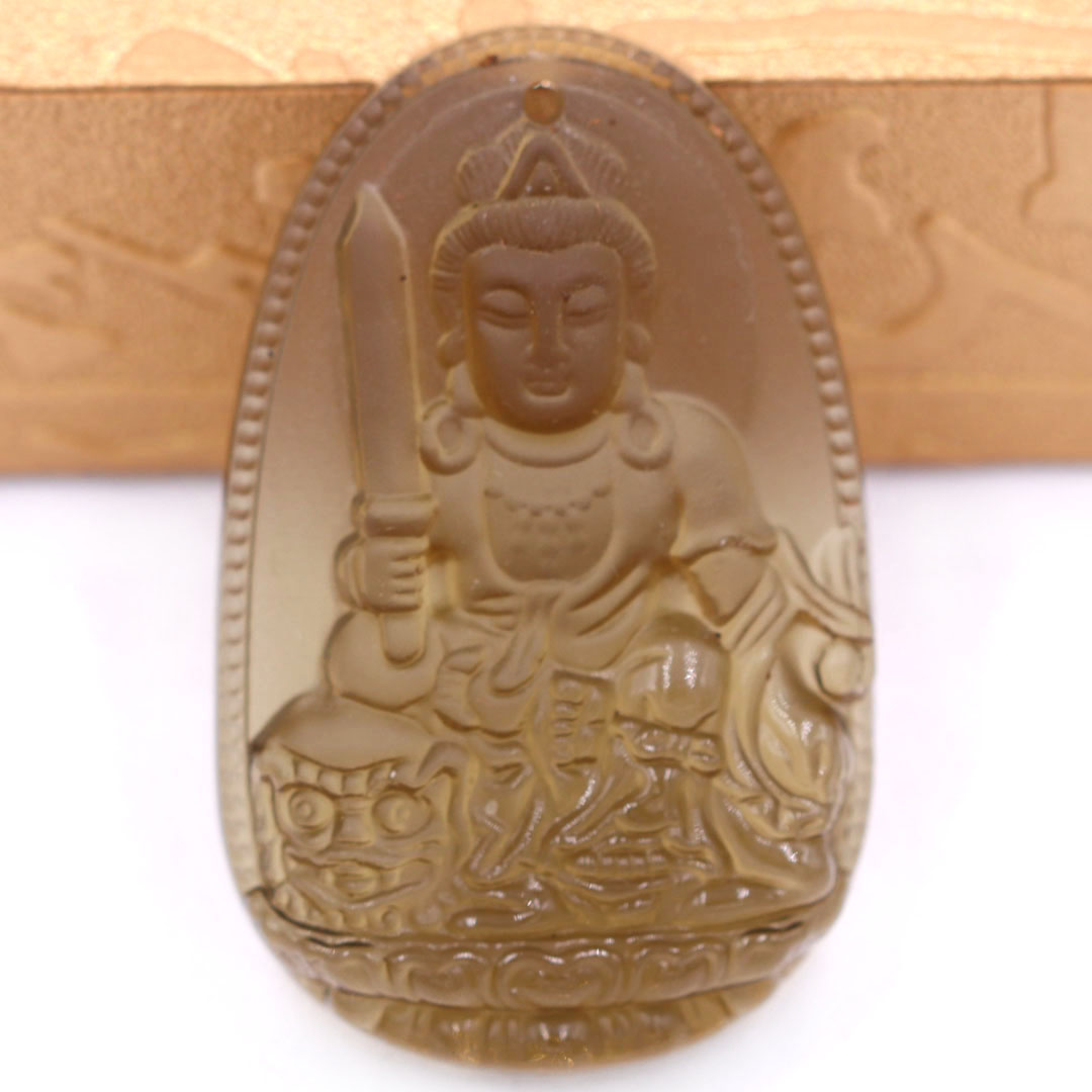 Mặt Phật Văn thù đá obsidian  1.9cm x 3cm  kèm móc dây chuyền inox vàng, Phật bản mệnh, mặt dây chuyền Phật giáo