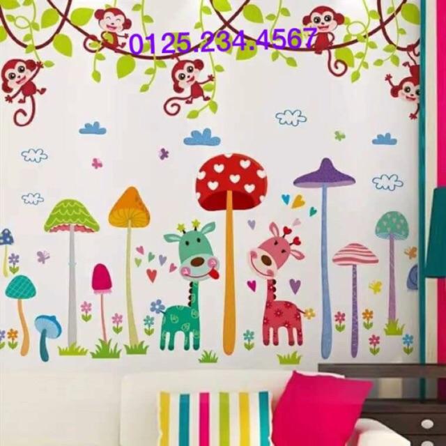 Decal dán tường Combo 2 tranh khỉ đu cây + nấm và hươu